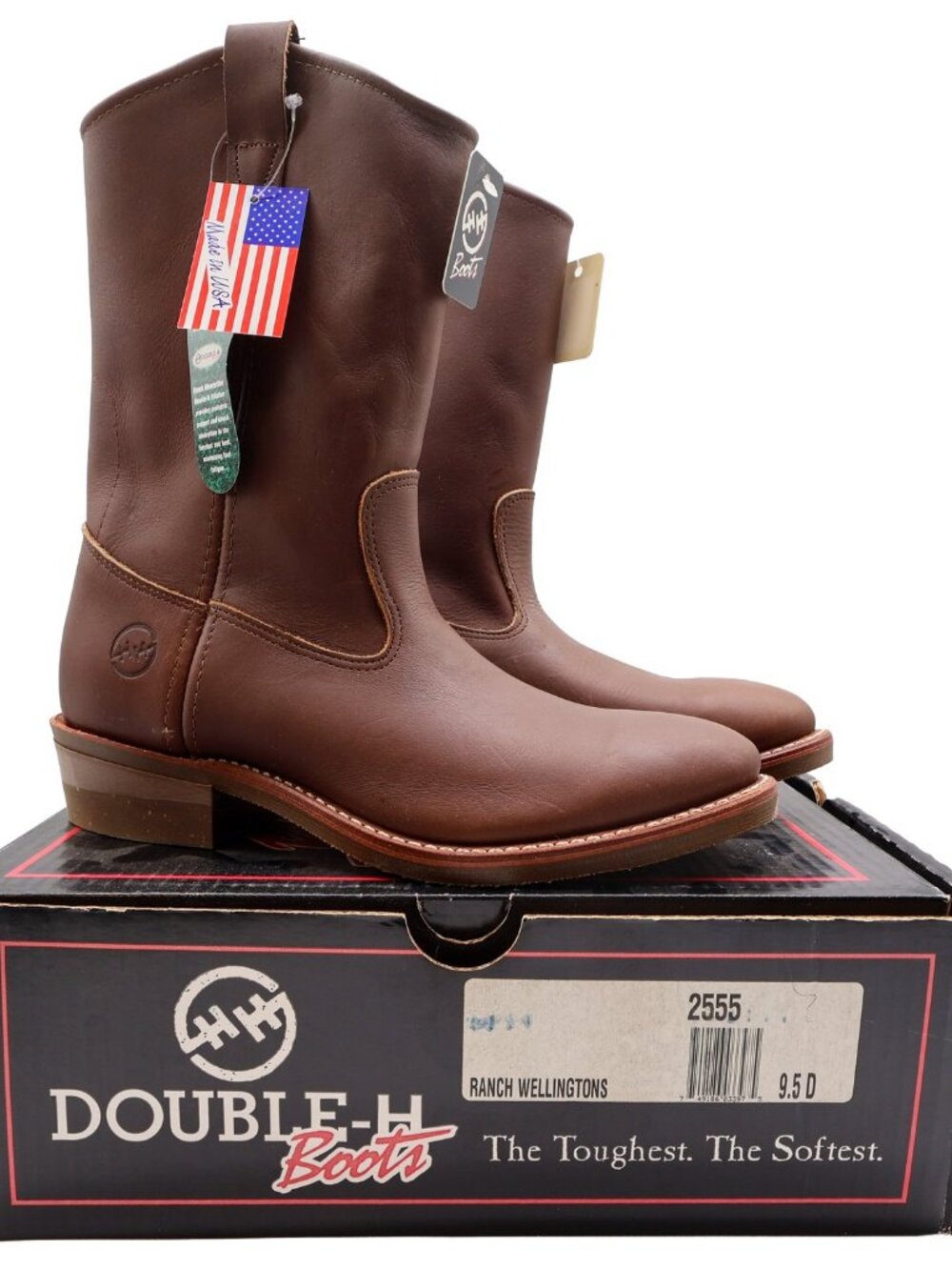 Vintage Double-H Boots Mens 9.5 D Brown Leather 11 Ranch Wellington USA NWB 2555